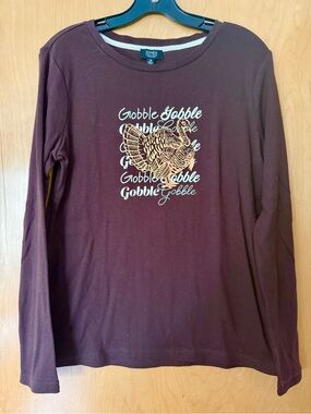 Jones New York Brown Long Sleeve Gobble Turkey Tee